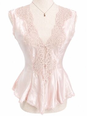 Vintage Victoria's Secret Gold Label Pink Satin Lace Chemise Top Med